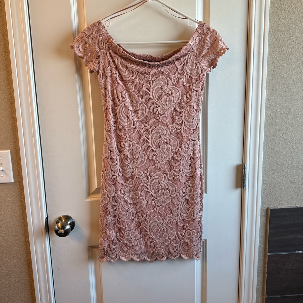 Ambiance Blush Lace Off-Shoulder Mini Dress